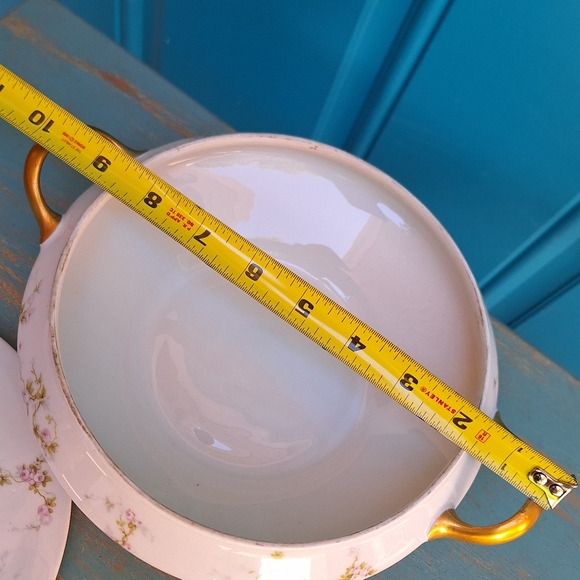 Limoges France Serving Bowl with Lid Pink Roses Gold Leaf Casserole Dish - Picture 11 of 15